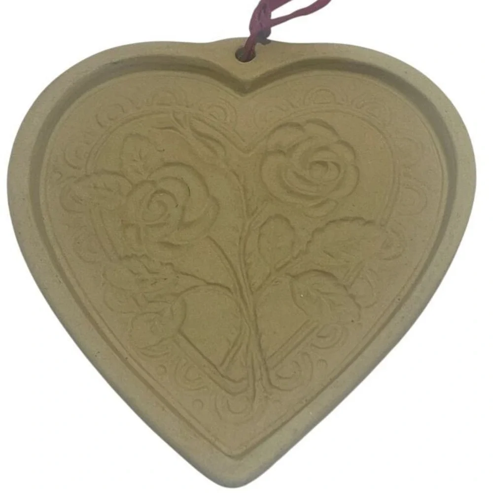 1992 Stoneware Brown Bag Cookie Art Rose In Heart Cookie Mold Press Valentines